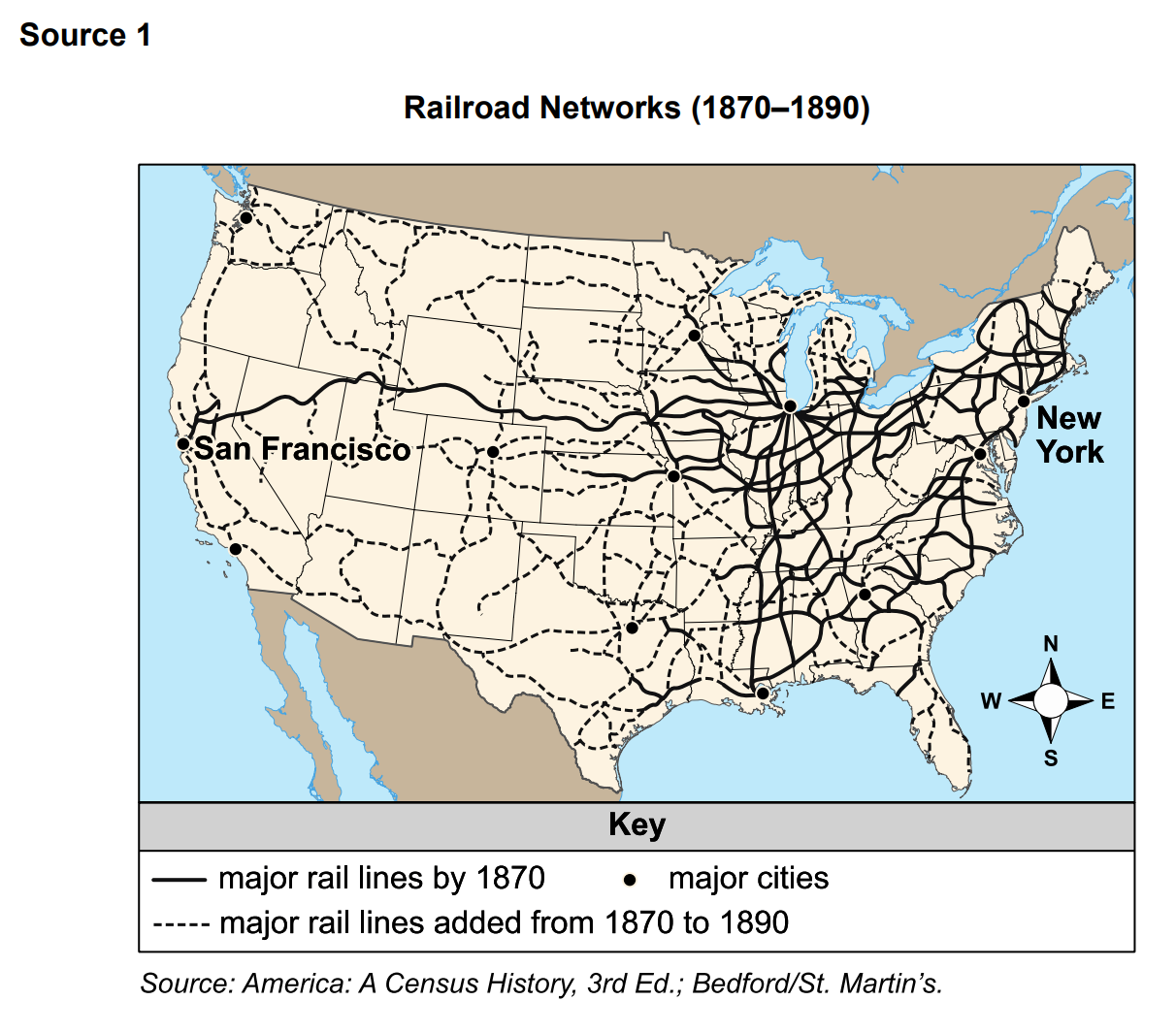 Map showing Railroad Networks in the United States from 1870-1890, with solid lines showing major rail lines by 1870 and dashed lines showing major rail lines added from 1870 to 1890